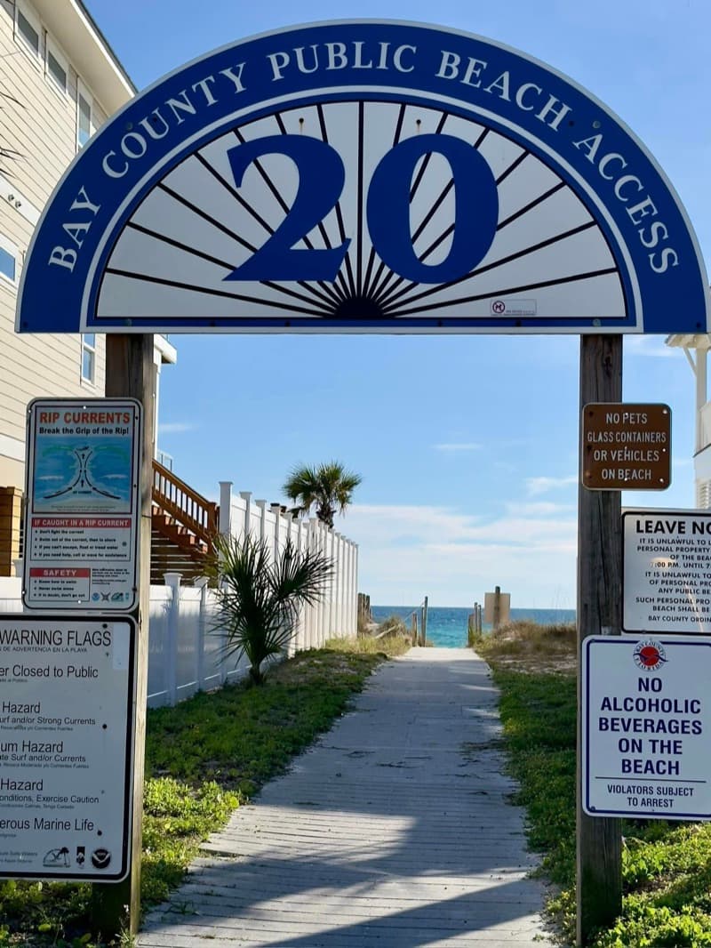 Bay County Public Beach Access #20 sign and boardwalk