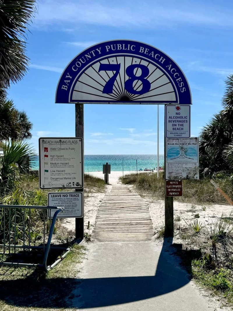 Bay County Public Beach Access #78 sign and boardwalk