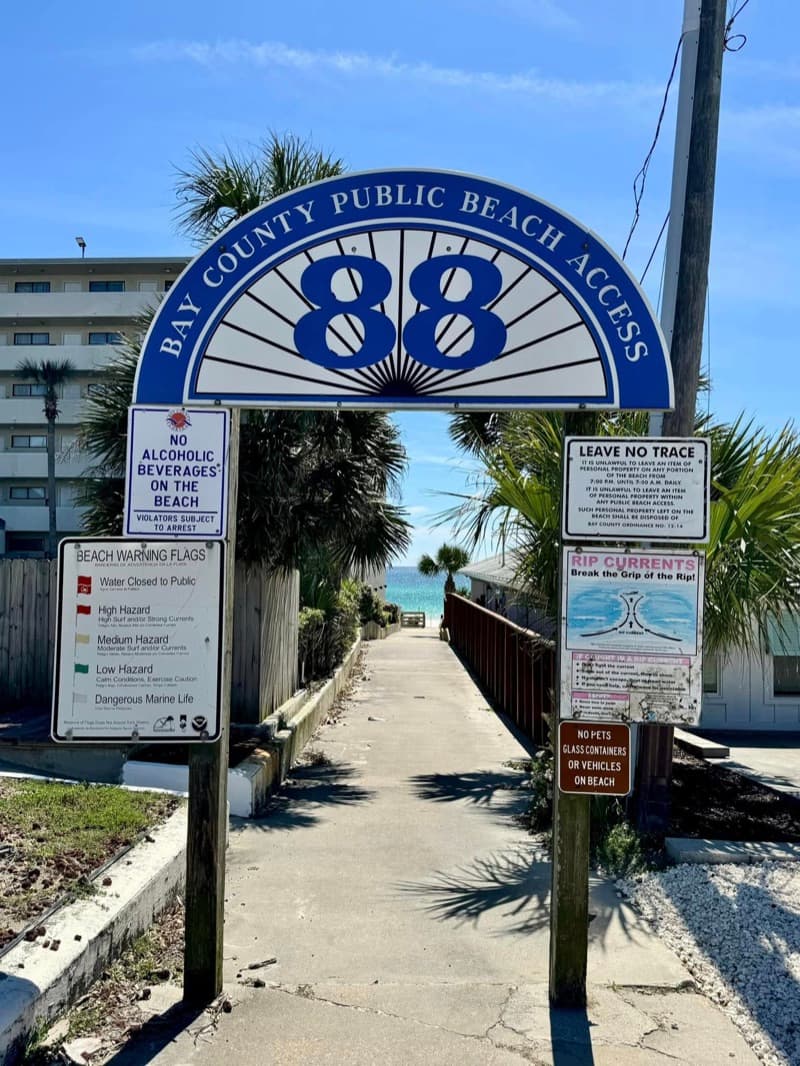 Bay County Public Beach Access #88 sign and boardwalk