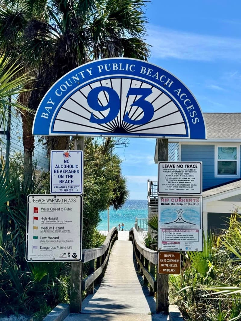 Bay County Public Beach Access #93 sign and boardwalk