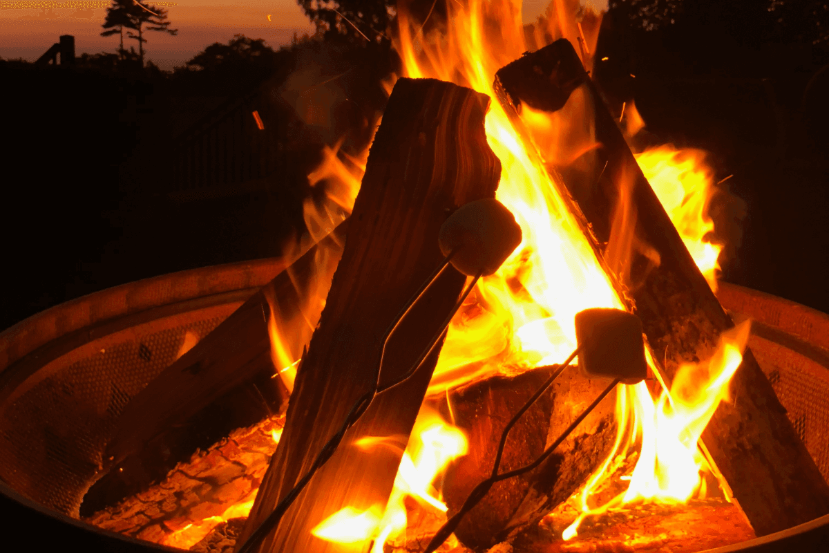 Closeup of marshmallows roasting over a beach bonfire