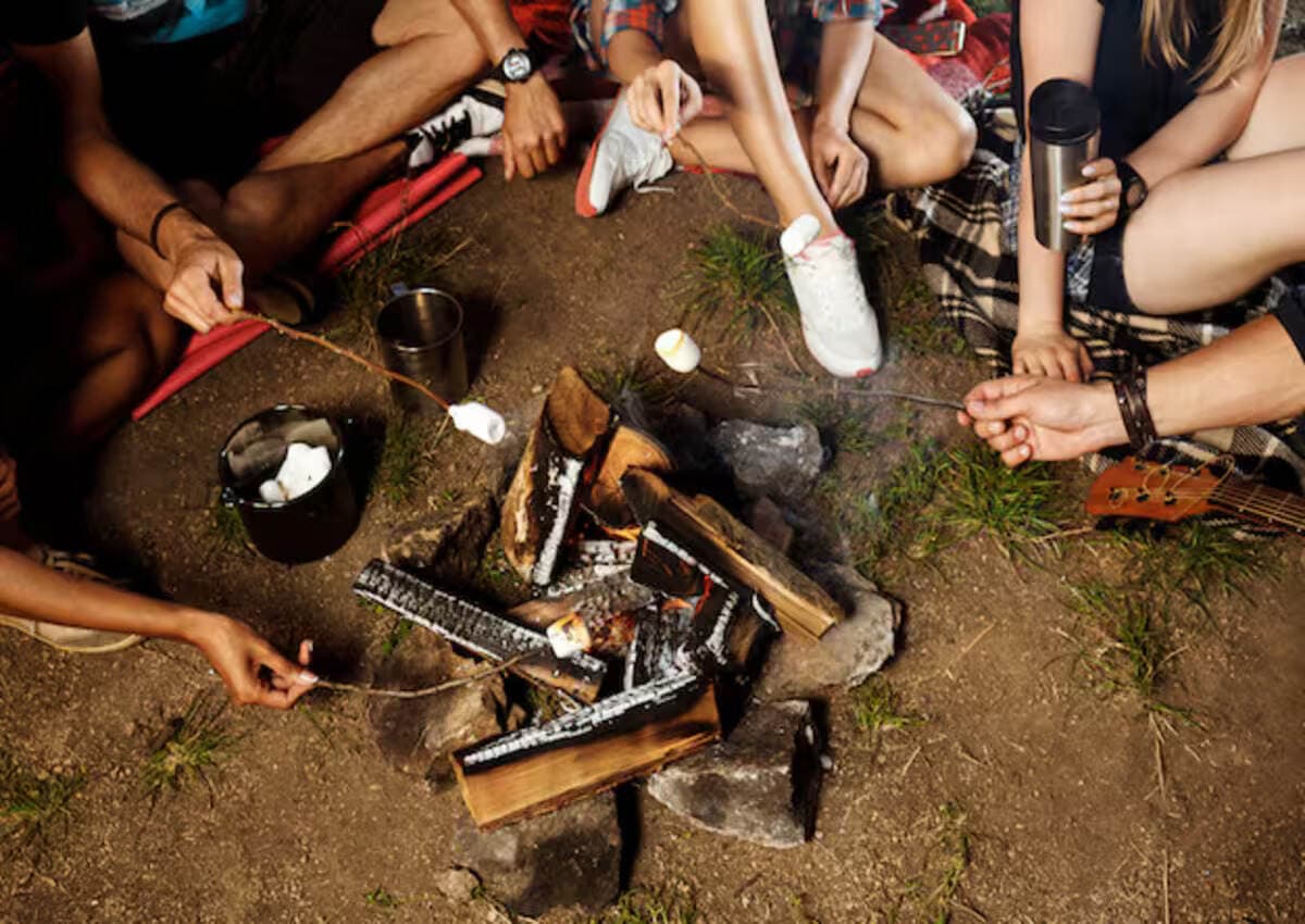 A group of friends gathered around a bonfire on the beach