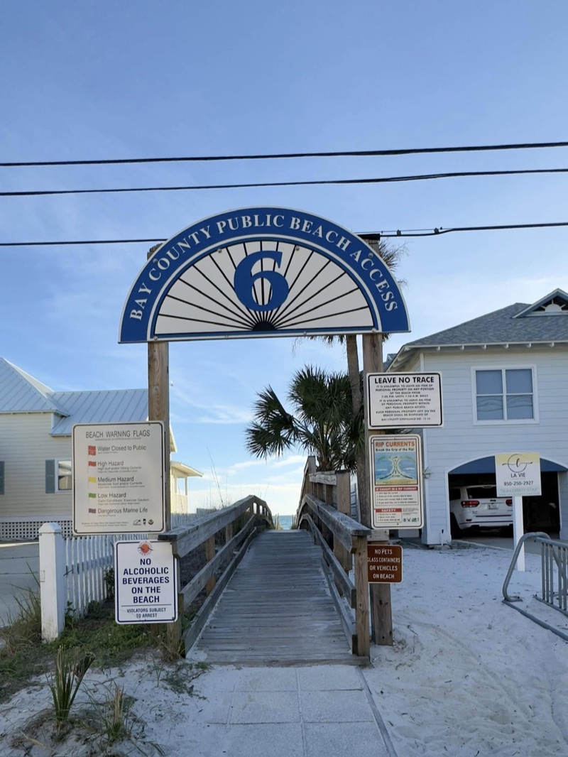Bay County Public Beach Access #6 sign and boardwalk